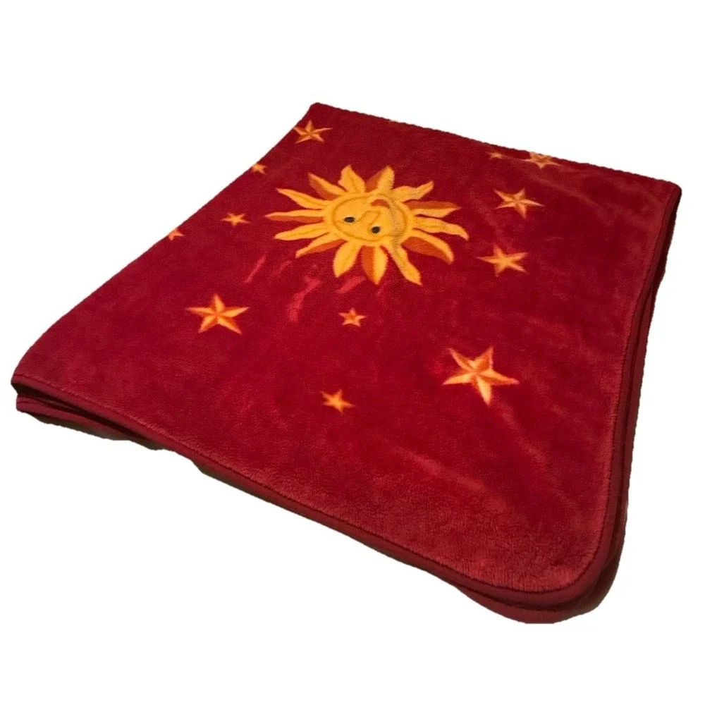 Vintage Blanket Celestial Sun Moon Stars Red Mink Fleece 95x78